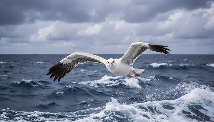 Naklejka premium Seagull soaring over ocean waves under cloudy sky 