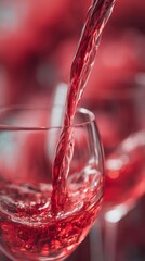 Effervescent crimson stream cascades joyfully into crystal goblet, invoking Rose Day celebrations and Midsummer Night's libation rituals