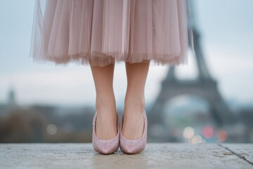 Ballet slippers poised at Parisian dawn, ethereal tulle whispers romance, enchanting steps of a fair-skinned woman's dreamscape; invokes World Ballet Day