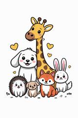 Obraz premium Friendly Animals Gathered Around a Tall Giraffe