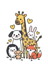 Fototapeta premium Friendly Animals Gathered Around a Tall Giraffe