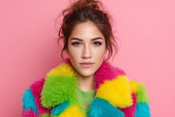 A vibrant Hispanic woman in a psychedelic rainbow fur coat embraces Retro Day, radiating groovy kaleidoscopic fashion vibes