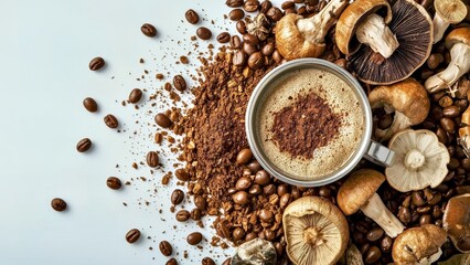 Mushroom Coffee. Coffee cup with cocoa powder, coffee beans, dried mus