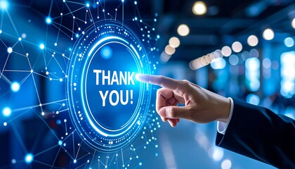 Hand touches glowing digital 'Thank You' circle