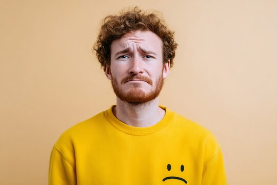 A perplexed Caucasian man in a forlorn yellow sweater evokes wistful autumn introspection and the whimsy of World Beard Day