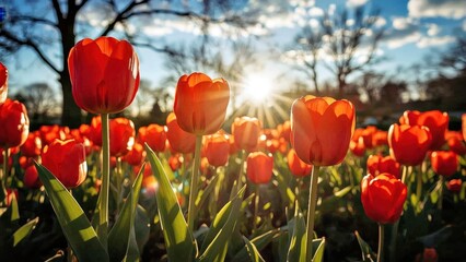 Obraz premium One Word Caption. nature-based Self-compassion Grow therapy Perfumer heic plantnet Tulip interfaces Bloomeffects Red tulips bloom vibrant garden under sun rays sprin