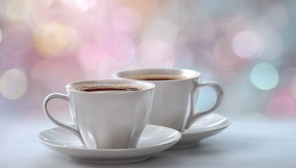 Fototapeta premium Two steaming cups of coffee rest on saucers against a soft, blurred background