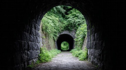 Obraz premium Shadowy stone tunnel beckons with leafy whispers, echoing secretive passages and ancient solstice rituals in verdant tranquility