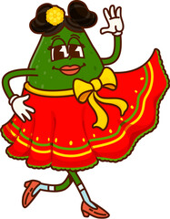 Groovy avocado mexican tabasco dancer character. Dancing in Mexican tabasco dress whole fresh avocado woman isolated vector groovy character. Ripe tropical fruit cute 60s personage or funky mascot