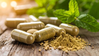 Herbal supplement capsules on wooden surface