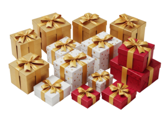 Diverse luxurious gold, white with gold stars, and crimson red gift boxes with gold satin ribbons, varying shapes, artfully arranged on a transparent background with bright studio lighting,