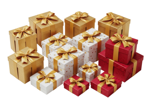 Diverse luxurious gold, white with gold stars, and crimson red gift boxes with gold satin ribbons, varying shapes, artfully arranged on a transparent background with bright studio lighting,