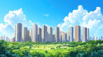 Fototapeta premium Sunny cityscape view from a lush green park.