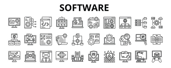 30 Software Line Icons Vector - Mobile Application, Platform, Operating system, Database, Algorithm, Web Application, Virtual machine 