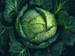 Obraz premium Dewy Green Cabbage Head Surrounded by Leaves, Fresh Produce , Vegetable