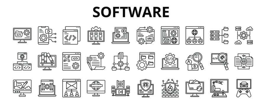 30 Software Line Icons Vector - Mobile Application, Platform, Operating system, Database, Algorithm, Web Application, Virtual machine 