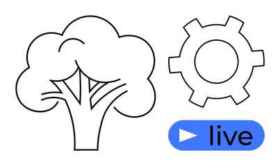 Tree and gear outline emphasizing sustainability, technology, and progress. Blue live button suggesting real-time digital interaction. Ideal for ecology, technology, innovation, live streaming