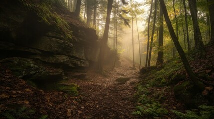 Fototapeta premium Foggy Forest Path Light Through The Trees, nature , forest landscape