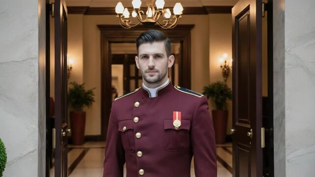 Portrait of an elegant bellhop in uniform standing in the grand hotel entrance way