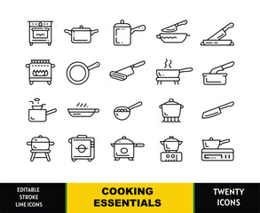 Collection of twenty black line art cooking essential icons on white background kitchen utensils