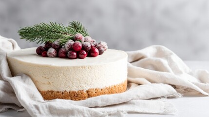 Frost-kissed cranberry cheesecake crowned with evergreen sprigs whispers winter solstice feasts, evoking Yuletide warmth and Nordic culinary traditions