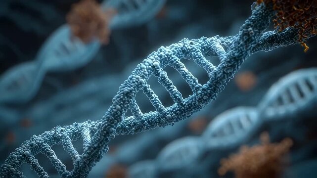 Hightech graphic demonstrating the translation process with ribosome moving along mRNA and forming a peptide product.