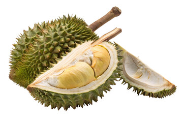 Fototapeta premium Fresh durian fruit cut open showing creamy flesh isolated on transparent background