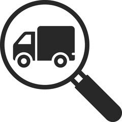 Magnifying glass searching for truck to represent vehicle inspection, logistics research, and delivery analysis.
