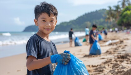 Child picking up trash at beach cleanup