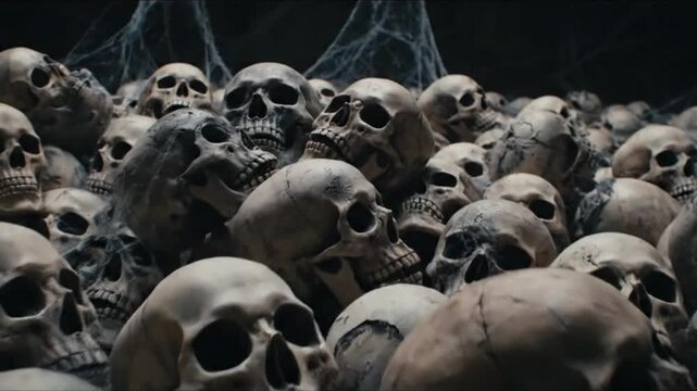 A creepy pile of human skulls in a dark, dusty catacomb, covered in cobwebs, a macabre symbol of death and Halloween horror.