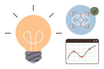 Light bulb representing innovation, eye with target for focus, and chart showing data trends. Ideal for creativity, analytics, decision-making, strategy, focus insights and progress. Simple flat