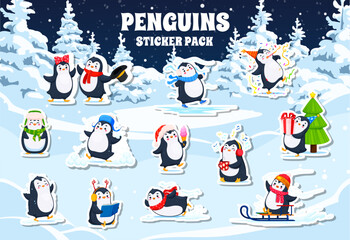Cartoon cute penguin characters stickers pack. Festive patches of adorable penguin birds engaging in winter activities like ice skating, sledding, gift giving, and snowball fights in a snowy landscape