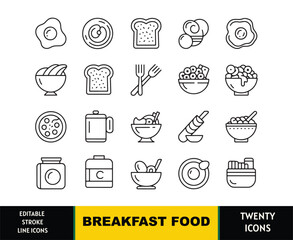Collection of twenty black line art icons representing breakfast food and drinks vector