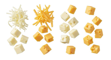 Dynamic freefall of shredded mozzarella, orange cheddar, Monterey Jack, and cubed Swiss, Gouda cheese compositions, showcasing diverse textures and colors on a transparent isolated background, no