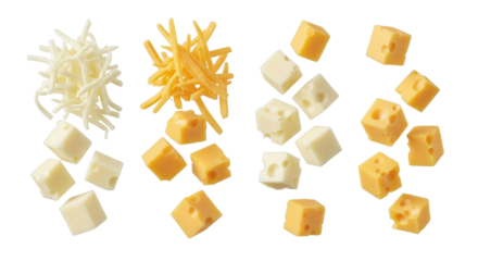Dynamic freefall of shredded mozzarella, orange cheddar, Monterey Jack, and cubed Swiss, Gouda cheese compositions, showcasing diverse textures and colors on a transparent isolated background, no
