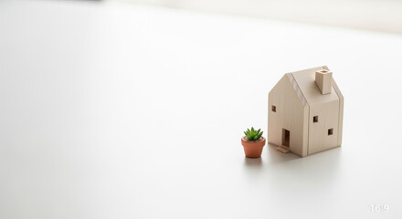 Minimalist Miniature House Model with Small Potted Plant on White Surface – Concept for Real Estate, Home Ownership, and Eco-Friendly Living