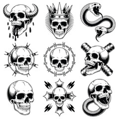 Fototapeta premium Intricate Black and White Skull Tattoo Illustration Grid