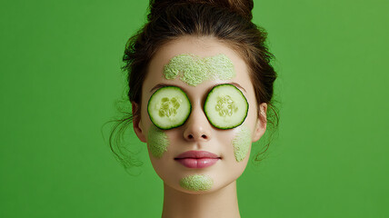 Woman with Cucumber Slices doing eye care Over Eyes on Green Background made with generative AI