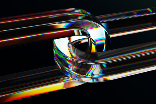 Abstract black 3d background with glass chain of holographic links. Closeup of connected crystal rings with neon rainbow light texture. Futuristic digital tech, blockchain hyperlink. 3D illustration