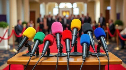 Colorful microphones on a table ready for a press conference with blurred audience in background