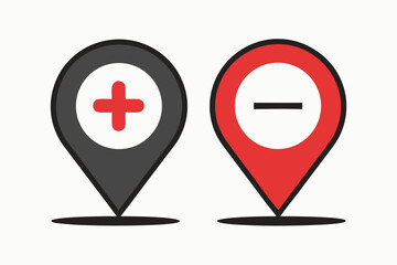 Obraz premium Two location pins one with a plus symbol and one with a minus symbol