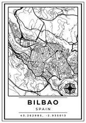 Downtown Street Maps of Bilbao City Spain, Black and White Modern Poster with Location Coordinate and Compass Position, Wall Art Home Decor Ready to Printable