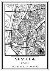 Obraz premium Downtown Street Maps of Sevilla City Spain, Black and White Modern Poster with Location Coordinate and Compass Position, Wall Art Home Decor Ready to Printable