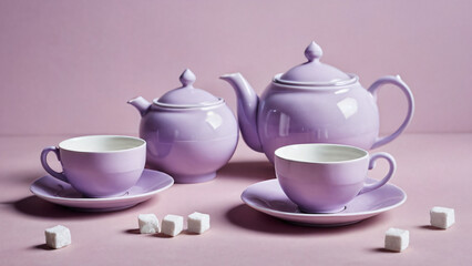 Fototapeta premium Tea set with sugar cubes on soft lilac surface