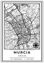 Obraz premium Downtown Street Maps of Murcia City Spain, Black and White Modern Poster with Location Coordinate and Compass Position, Wall Art Home Decor Ready to Printable