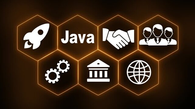 A businessman selecting a Java concept on a futuristic computer display.A Java concept on a futuristic. Hi tech motion graphic background, white flickering dots on black background.
