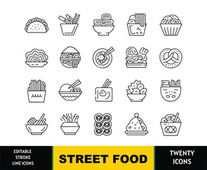 Collection of twenty editable stroke line icons representing various street food dishes and snacks taco