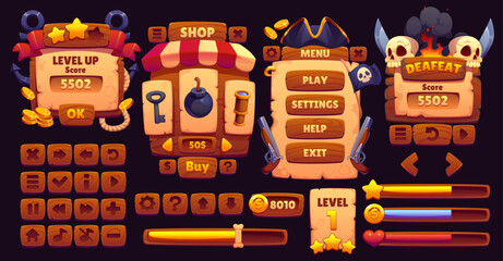 Pirate arcade game interface, GUI vector elements, corsair game asset. Cartoon wood buttons, sign boards, menu interface banners, progress bars with pirate treasure gold, corsair hat, skulls and flag © Vector Tradition