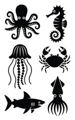 Stylized Black and White Sea Creatures Grid Illustration
