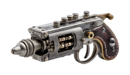 Futuristic steampunk gun workshop industrial innovation concept isolated on transparent background, png
